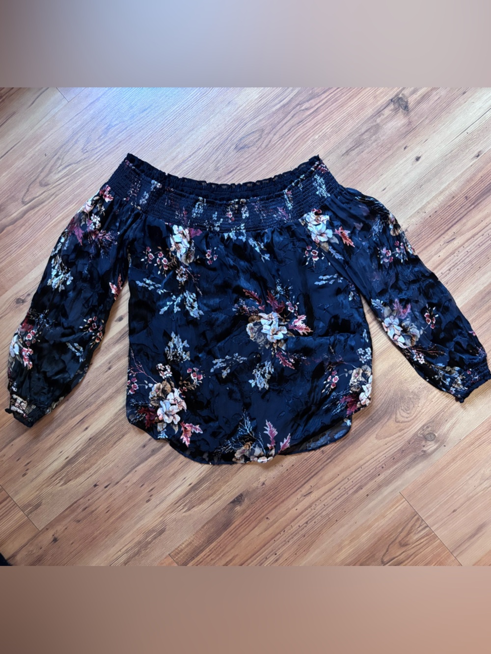 White House Black Market Black and Pink Floral Off the Shoulder Blouse